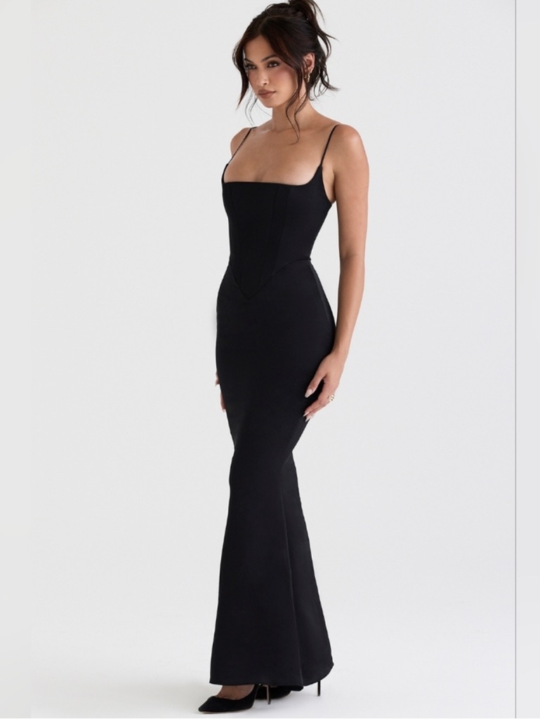 House Of Cb Olivette Black Satin Corset Maxi Dress Size S